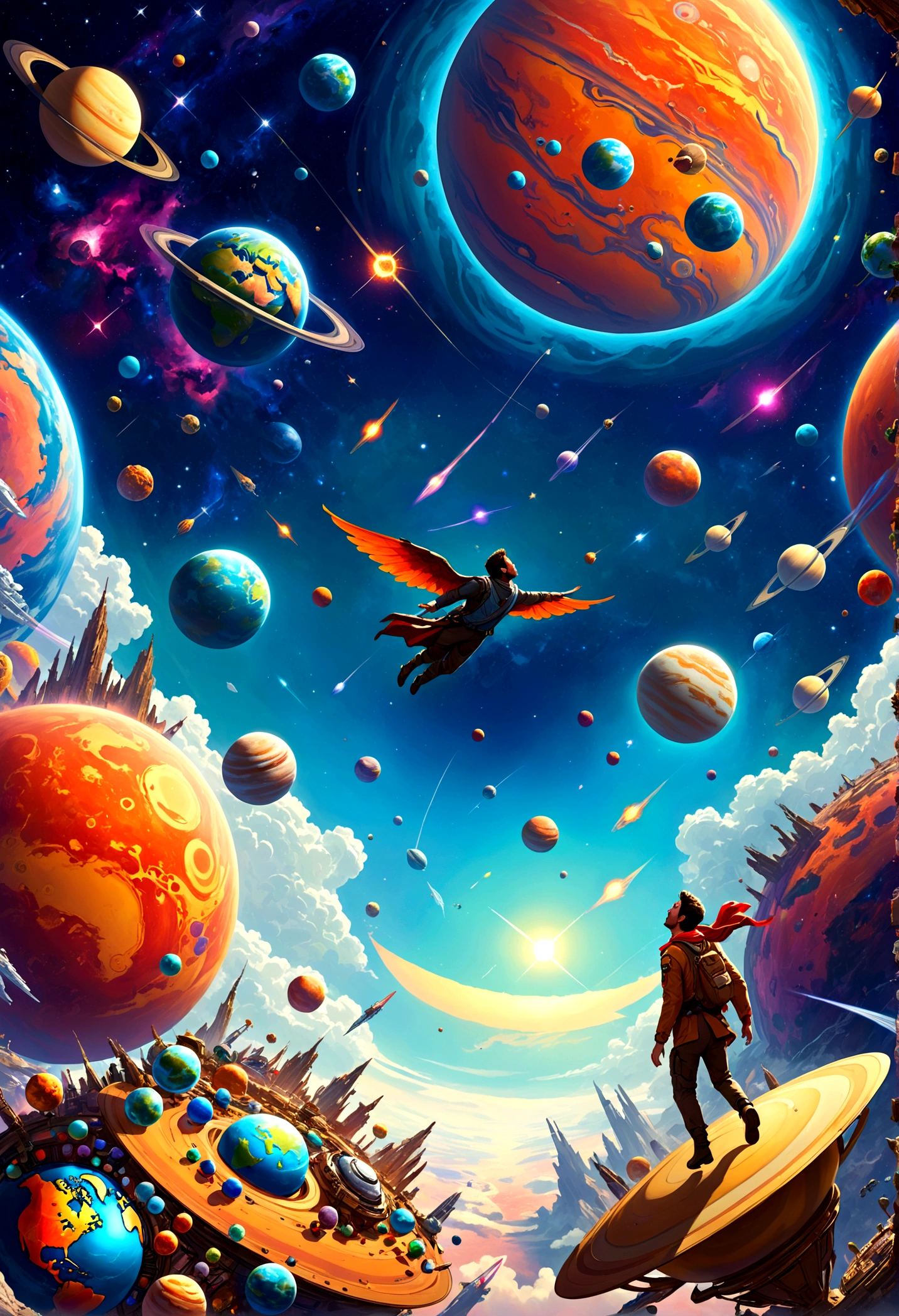A man flies through the sky,Surrounded by a planet,A variety of goods surround it.