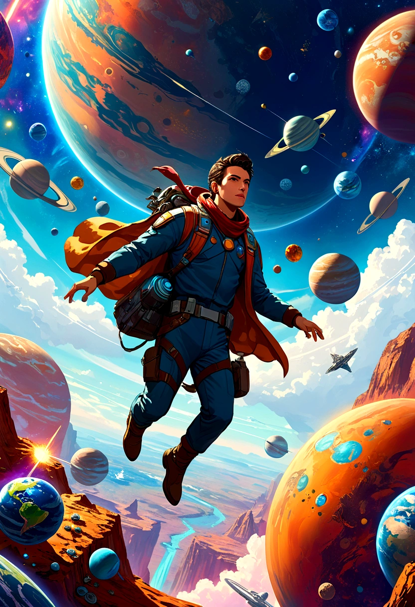 A man flies through the sky,Surrounded by a planet,A variety of goods surround it.