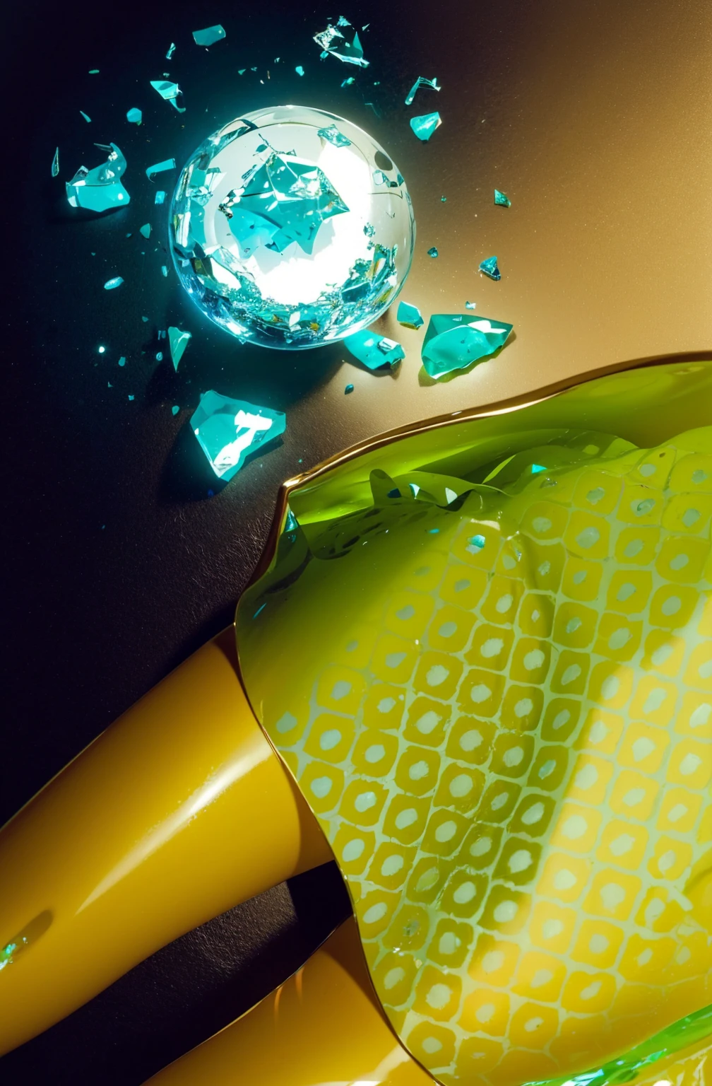 broken glass magic ball of turquoise color with fragments lying nearby frame above from above on a white background This image features a vividly rendered scene with a broken magical glass orb, lying scattered on a purple floor. The orb, shattered into several pieces, emits a radiant green glow, highlighting the intricate details and geometric patterns within its core. The glowing green light casts vivid reflections and shadows on the surrounding area, adding an broken glass magic ball of turquoise color with fragments lying nearby frame above from above on a white background ethereal and mysterious ambiance to the scene. The backdrop of the purple floor intensifies the contrast of the bright green shards, making the scene visually striking. The overall composition suggests a moment of dramatic transformation or destruction of a powerful, enchanted object. glossy texture, smooth broken glass magic ball of turquoise color with fragments lying nearby frame above from above on a white background 3d model, multiple light sources, rim light, sharp post broken glass magic ball of turquoise color with fragments lying nearby frame above from above on a white background effects render, (glossy plastic texture with multiple big light probe refractions), perfect cgi, smooth silhouette, high intensity refraction, (super glossy plastic material), most beautiful vfx, , realistic, 4k, high resolution, rim light, smooth 3d model, multiple light sources, rim light, sharp post effects render,, realistic, 4k, high resolution, rim light detailed digital art, reflective, best quality, 4k, masterpiece:1.2, ultra-detailed, realistic, vivid colors, The image of the highest quality, ensuring every detail showcased perfectly. It in 4k resolution, allowing viewers to immerse themselves in the richness of the colors and intricate details. The realistic rendering. under the spotlight, reflecting, high-resolution image, realistic rendering