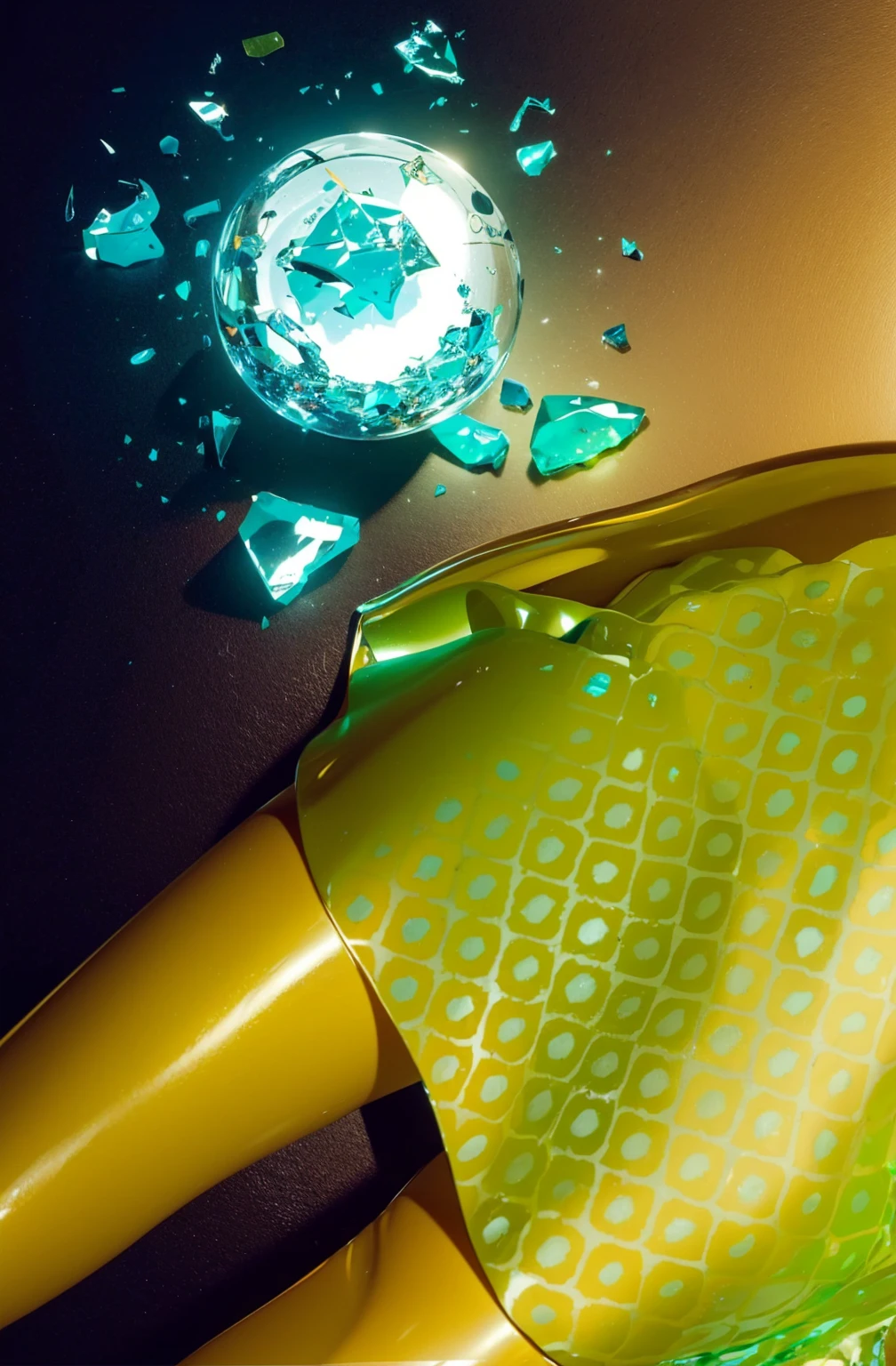 broken glass magic ball of turquoise color with fragments lying nearby frame above from above on a white background This image features a vividly rendered scene with a broken magical glass orb, lying scattered on a purple floor. The orb, shattered into several pieces, emits a radiant green glow, highlighting the intricate details and geometric patterns within its core. The glowing green light casts vivid reflections and shadows on the surrounding area, adding an broken glass magic ball of turquoise color with fragments lying nearby frame above from above on a white background  ethereal and mysterious ambiance to the scene. The backdrop of the purple floor intensifies the contrast of the bright green shards, making the scene visually striking. The overall composition suggests a moment of dramatic transformation or destruction of a powerful, enchanted object. glossy texture, smooth broken glass magic ball of turquoise color with fragments lying nearby frame above from above on a white background 3d model, multiple light sources, rim light, sharp post broken glass magic ball of turquoise color with fragments lying nearby frame above from above on a white background effects render, (glossy plastic texture with multiple big light probe refractions), perfect cgi, smooth silhouette, high intensity refraction, (super glossy plastic material), most beautiful vfx, , realistic, 4k, high resolution, rim light, smooth 3d model, multiple light sources, rim light, sharp post effects render,, realistic, 4k, high resolution, rim light detailed digital art, reflective, best quality, 4k, masterpiece:1.2, ultra-detailed, realistic, vivid colors, The image of the highest quality, ensuring every detail showcased perfectly. It in 4k resolution, allowing viewers to immerse themselves in the richness of the colors and intricate details. The realistic rendering. under the spotlight, reflecting, high-resolution image, realistic rendering