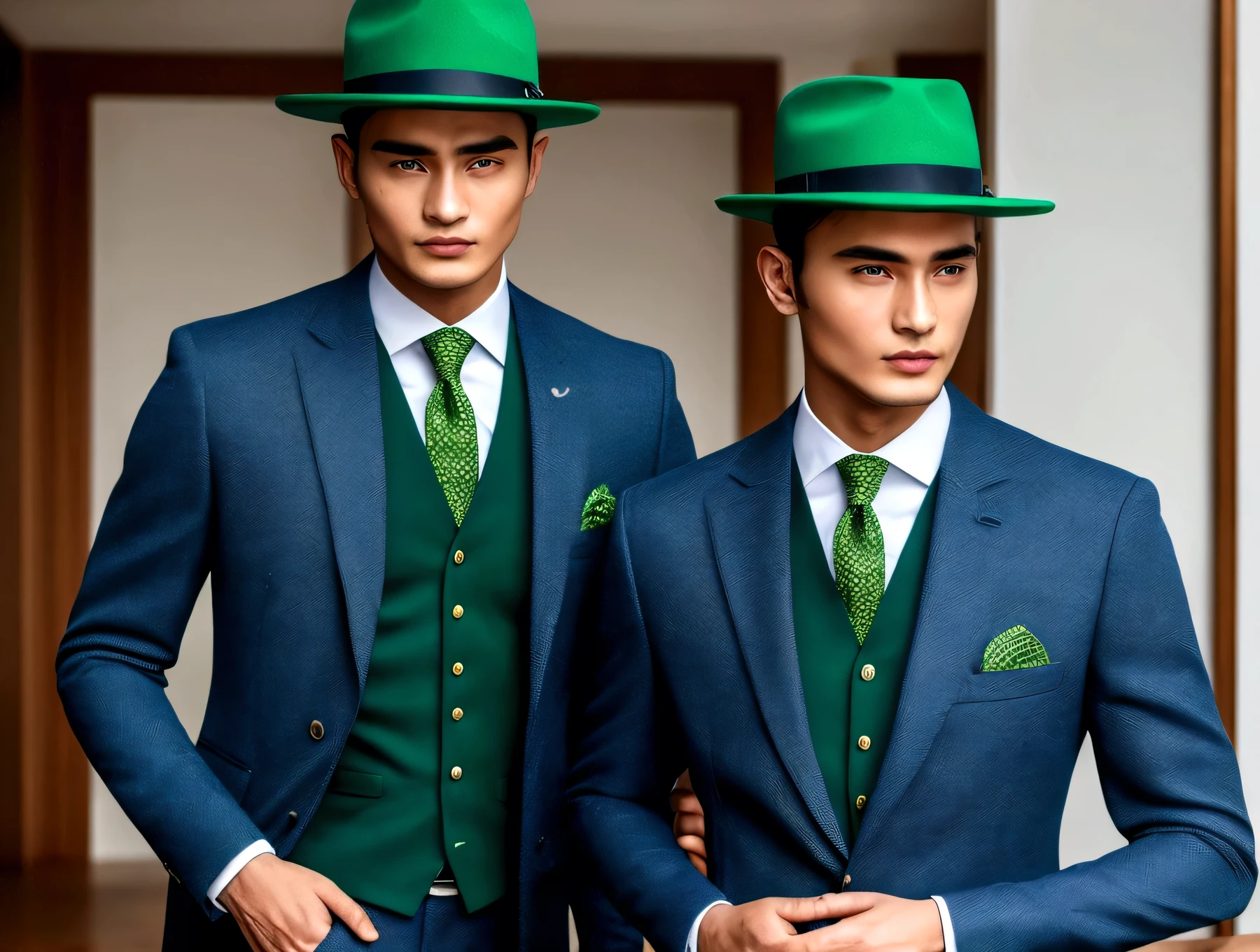 Man,wear blue suit,wear green hat,he is Uno master