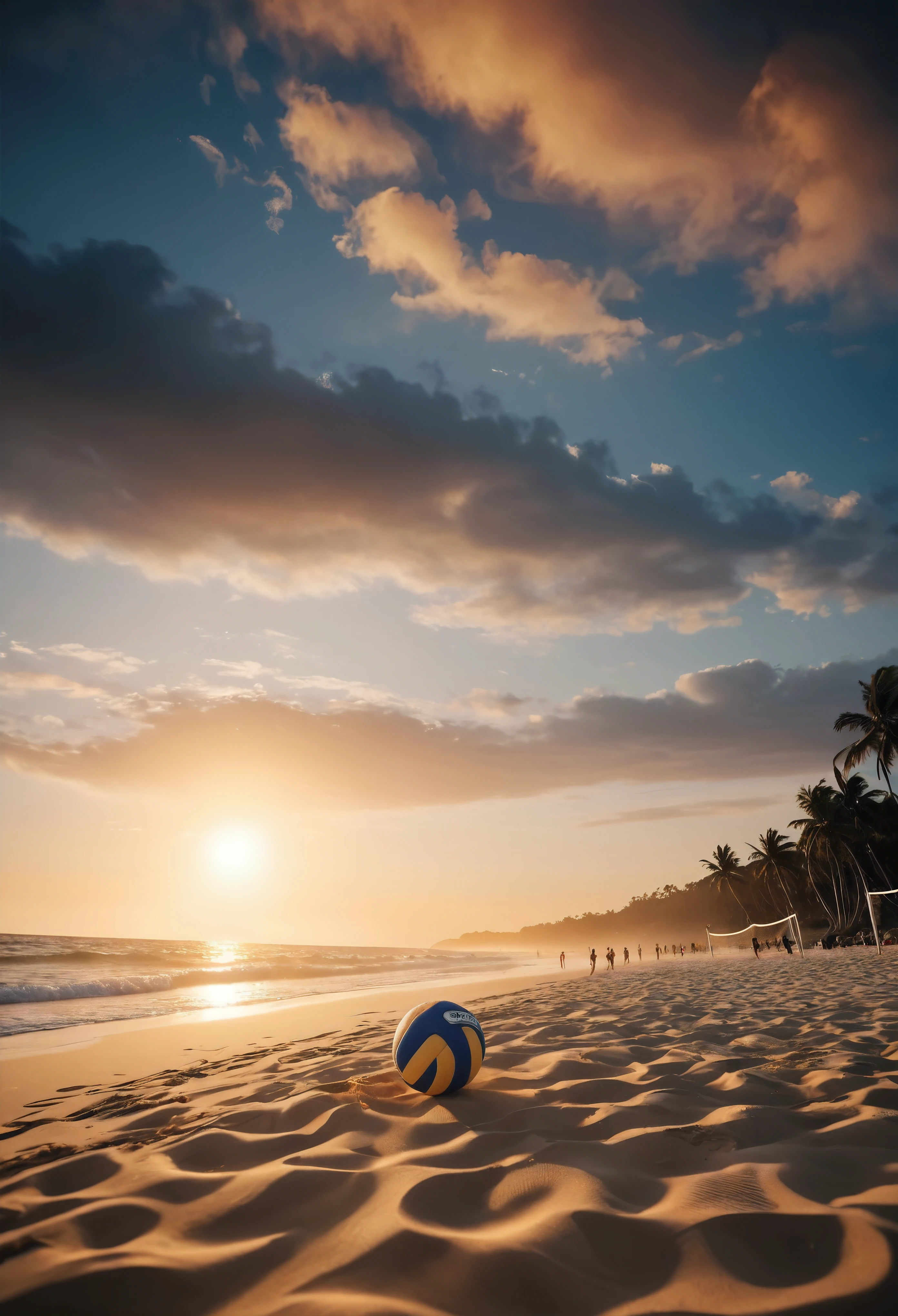 ((Masterpiece in maximum 16K resolution):1.6),((soft_color_photograpy:)1.5), ((Ultra-Detailed):1.4),((Movie-like still images and dynamic angles):1.3). | ((a beach volleyball at beach during sunset):1.2), ((cinematic lighting, dramatic sky, serene ocean, vibrant colors, golden sunlight):1.2), (fish eye lens), (focus on the beach volleyball), (atmospheric haze), (sands,), (nature photography style), (visual experience),(Realism), (Realistic),award-winning graphics, dark shot, film grain, extremely detailed, Digital Art, rtx, Unreal Engine, scene concept anti glare effect, All captured with sharp focus. | Rendered in ultra-high definition with UHD and retina quality, this masterpiece ensures anatomical correctness and textured skin with super detail. With a focus on high quality and accuracy, this award-winning portrayal captures every nuance in stunning 16k resolution, immersing viewers in its lifelike depiction. | ((perfect_composition, perfect_design, perfect_layout, perfect_detail, ultra_detailed)), ((enhance_all, fix_everything)), More Detail, Enhance.