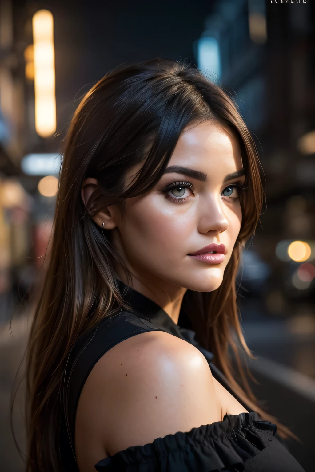 A photorealistic half body view of a stunningly beautiful Lucy Hale. The image showcases a harmonious blend of their facial traits, capturing the essence of each celebrity while creating a new and unique look. The final result is a visually appealing representation that highlights the best features of all three individuals, supermodel with light make - up, photo for the cover of a fashion magazine, extremely detailed light honey eyes, detailed symmetric realistic face, extremely detailed natural texture, windy messy hair, brunette, masterpiece, absurdres, award winning photo by lee jeffries, nikon d850 film stock photograph, kodak portra 400 camera f1. 6 lens, extremely detailed, amazing, fine detail, rich colors, hyper realistic lifelike texture, dramatic lighting, unrealengine, trending on artstation, cinestill 800 tungsten, looking at the viewer, photo realistic, RAW photo, high quality, highres, sharp focus, extremely detailed, cinematic lighting, 8k uhd, in a night club, wearing a short black dress - imagine