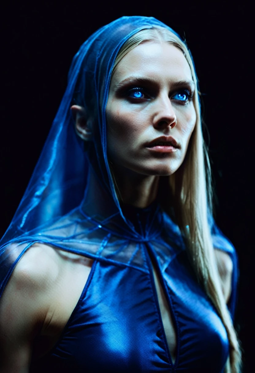 Fashionable of androgynous alien looking witch wearing veil, glowing eyes, beautiful evil slavic muscular woman, pale skin, long dark blond hair, futuristic design, minimal details, givenchy, photoreal, 200mm, hd, f/ 2.0, highly detailed, surreal , drop dead, in the style of red and blue, (intricate details, hyperdetailed:1.15) (skin texture:1.2), cinematic, professional, 4k, dynamic model pose, sitting, full body