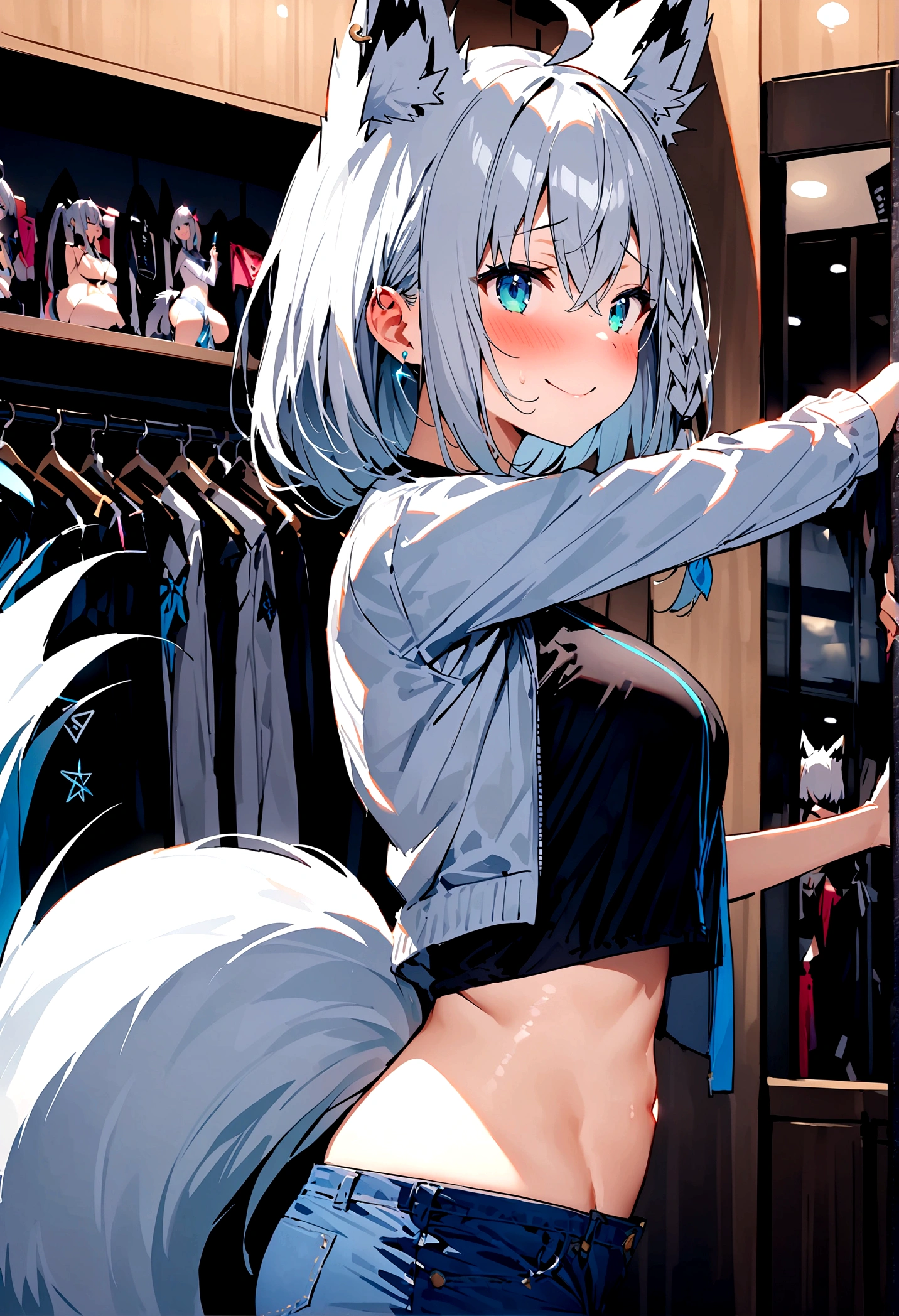 NSFW,masterpiece,Highest quality,High resolution,Super detailed,Shirakami Fubuki\(Hololive\),Gray Hair、One-sided braid、Ahoge、Earrings,Fox ears,Fox tail,Jacket,Crop top shirt,Low-rise denim shorts,Embarrassed,blush,Expecting face,Bewitching Smile,Sexy smile,(Adult Shop),(Underwear section),High-end store,Cute pose,Date,(Seduce),From the side