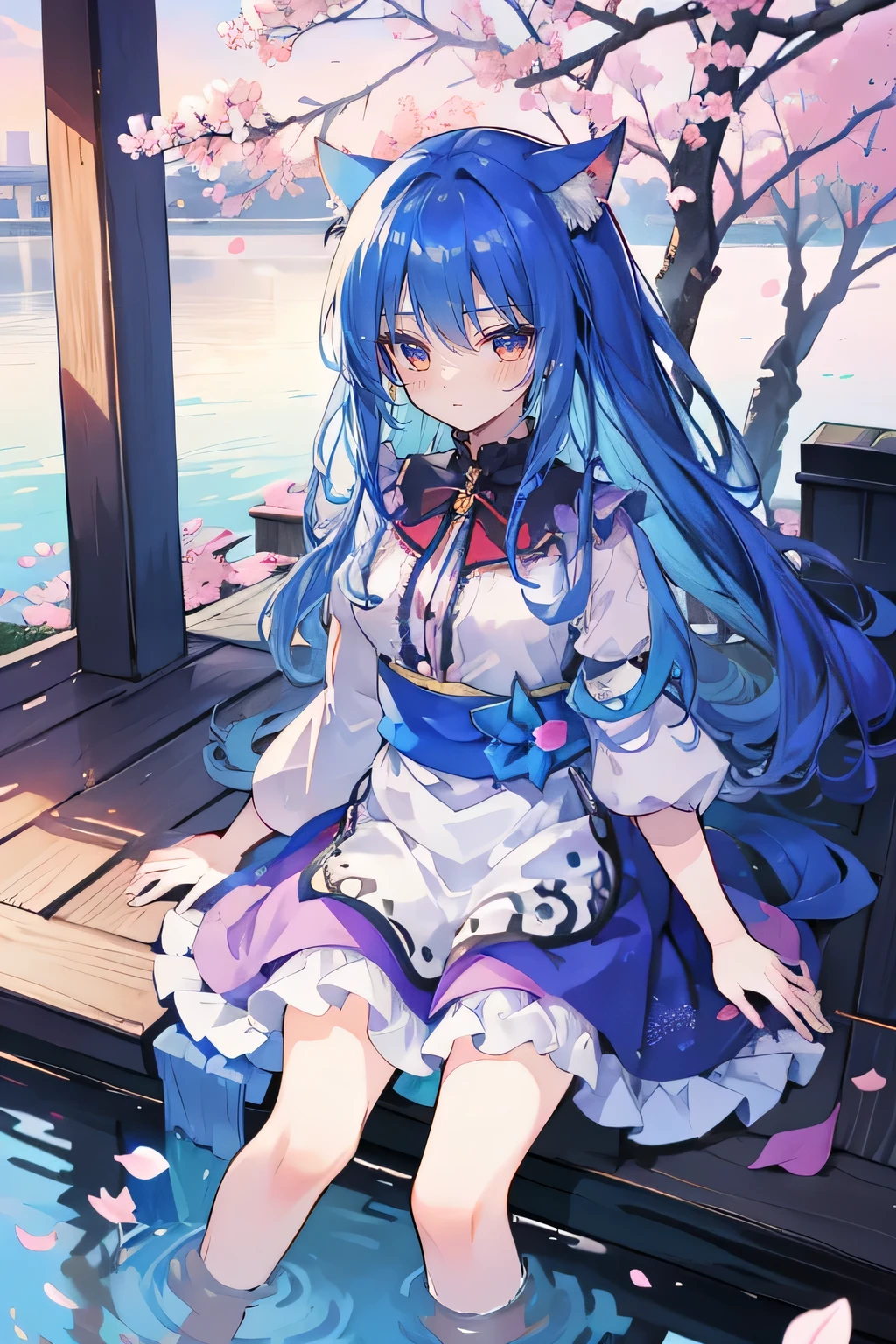 （masterpiece：1.2），Super detailed，lifelike，Expressive eyes，fair skin，perfect face shape，1 girl，
Japanese comics,Gorgeous blue hair,flowing blue hair,flowing clothes,Cat ears,Petals fall,beautiful lola,Baby Angel,
Shaking head with one hand，Cross your legs，，The pavilion is cool and comfortable,smile,back views,sunrise,Petals fall, winter,lie on the water，tokyo back views. 