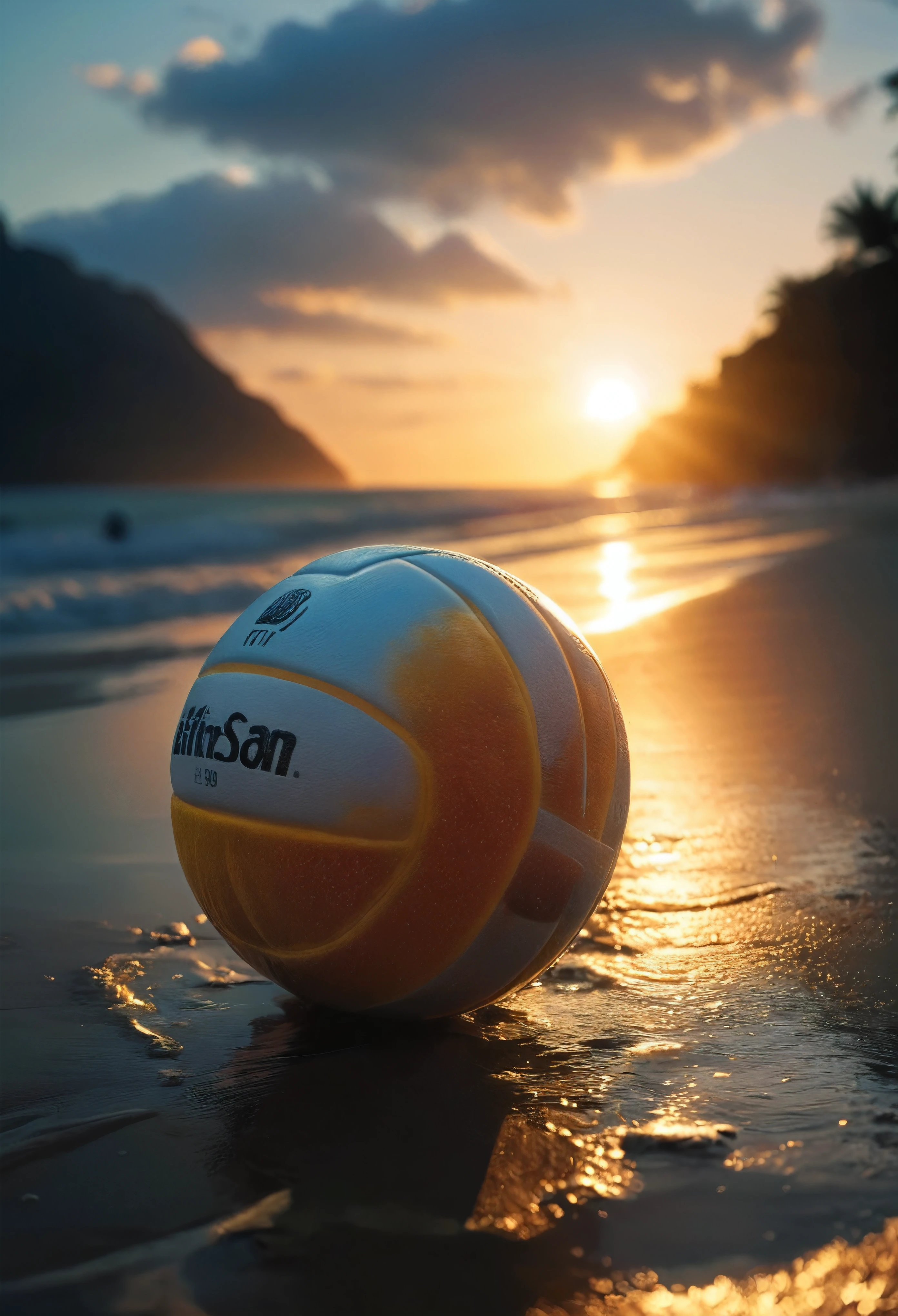 ((Masterpiece in maximum 16K resolution):1.6),((soft_color_photograpy:)1.5), ((Ultra-Detailed):1.4),((Movie-like still images and dynamic angles):1.3). | ((a beach volleyball at beach during sunset):1.2), ((cinematic lighting, dramatic sky, serene ocean, vibrant colors, golden sunlight):1.2), (fish eye lens), (focus on the beach volleyball), (atmospheric haze), (sands,), (nature photography style), (visual experience),(Realism), (Realistic),award-winning graphics, dark shot, film grain, extremely detailed, Digital Art, rtx, Unreal Engine, scene concept anti glare effect, All captured with sharp focus. | Rendered in ultra-high definition with UHD and retina quality, this masterpiece ensures anatomical correctness and textured skin with super detail. With a focus on high quality and accuracy, this award-winning portrayal captures every nuance in stunning 16k resolution, immersing viewers in its lifelike depiction. | ((perfect_composition, perfect_design, perfect_layout, perfect_detail, ultra_detailed)), ((enhance_all, fix_everything)), More Detail, Enhance.
