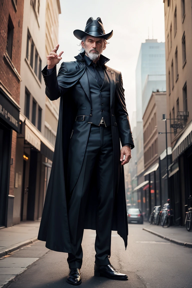 full body shot of dark mage, 45 year old man, business suit, dark cloak, old tome, silver hair, crlinder hat,  (epick pose), modern city, daylight