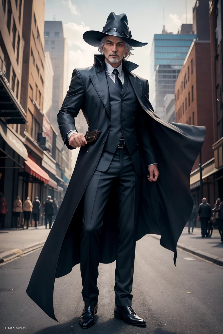 full body shot of dark mage, 45 year old man, business suit, dark cloak, old tome, silver hair, crlinder hat,  (epick pose), modern city, daylight