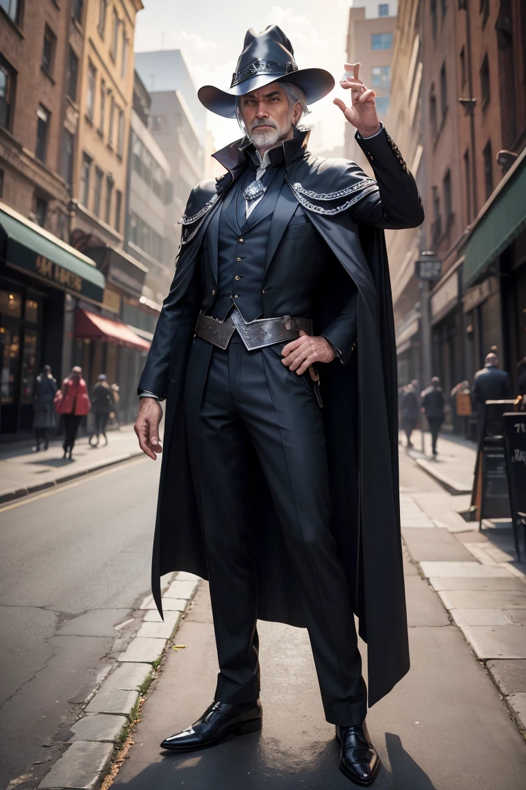 full body shot of dark mage, 45 year old man, business suit, dark cloak, old tome, silver hair, crlinder hat, (epick pose), modern city, daylight