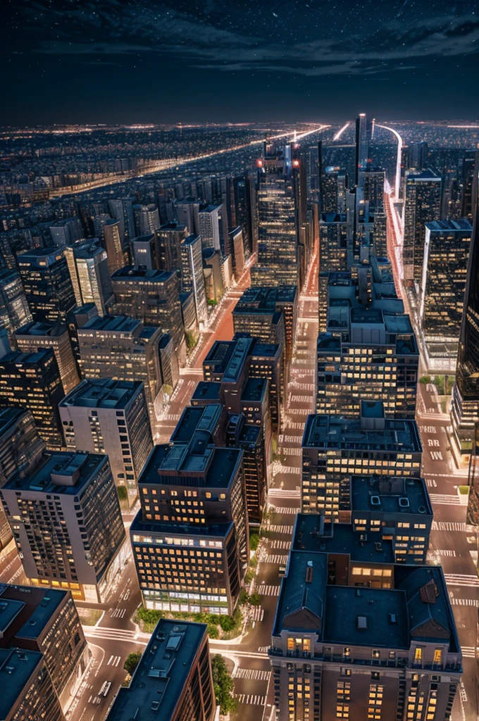 Night city view, 2d, realistic, straight view, buildings with windows and lights on, realistic