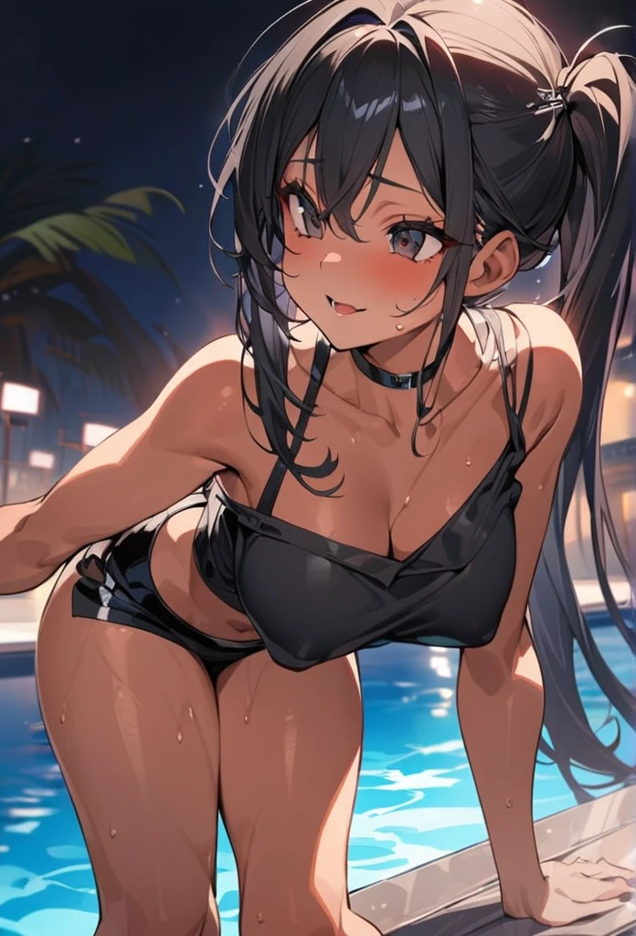 (anime style),masterpiece, best quality, extremely detailed,10Years old,tanned skin,dark skin, Beautiful body,Large breasts,BREAK,multicolored colorful black hair,shaggy hair,long hair,long ponytails hair,BREAK,black eyes,black choker,sensual smile face,open mouth,detailed lips,,BREAK,bobby pin,ripped red sailor shirt,micro skirt,break,head tilt,in the POOL SIDE Night,hands on breasts,up half knee,arching back,sweating,upturned eyes,