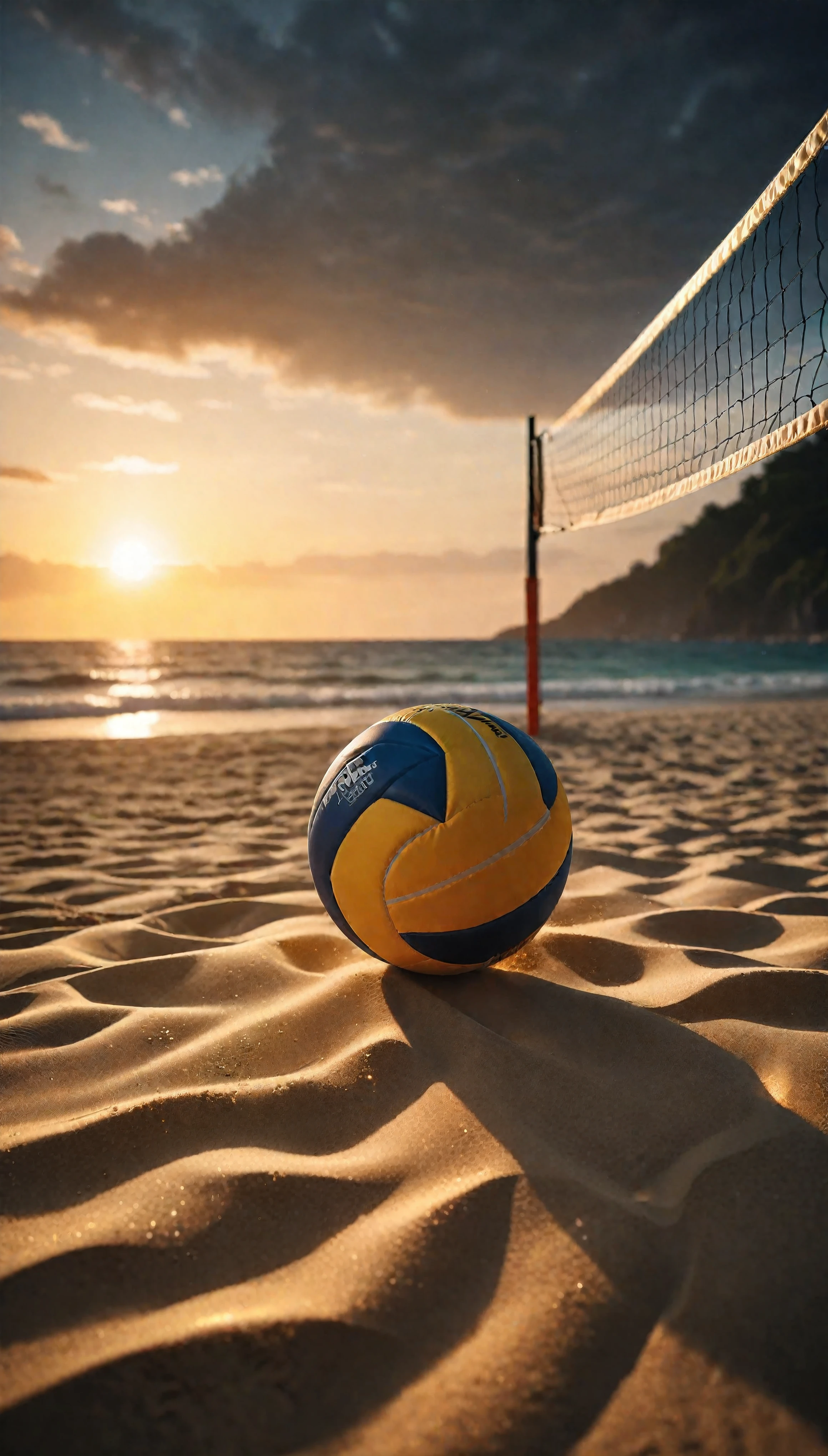 ((Masterpiece in maximum 16K resolution):1.6),((soft_color_photograpy:)1.5), ((Ultra-Detailed):1.4),((Movie-like still images and dynamic angles):1.3). | ((a beach volleyball at beach during sunset):1.2), ((cinematic lighting, dramatic sky, serene ocean, vibrant colors, golden sunlight):1.2), (fish eye lens), (focus on the beach volleyball), (atmospheric haze), (sands,), (nature photography style), (visual experience),(Realism), (Realistic),award-winning graphics, dark shot, film grain, extremely detailed, Digital Art, rtx, Unreal Engine, scene concept anti glare effect, All captured with sharp focus. | Rendered in ultra-high definition with UHD and retina quality, this masterpiece ensures anatomical correctness and textured skin with super detail. With a focus on high quality and accuracy, this award-winning portrayal captures every nuance in stunning 16k resolution, immersing viewers in its lifelike depiction. | ((perfect_composition, perfect_design, perfect_layout, perfect_detail, ultra_detailed)), ((enhance_all, fix_everything)), More Detail, Enhance.
