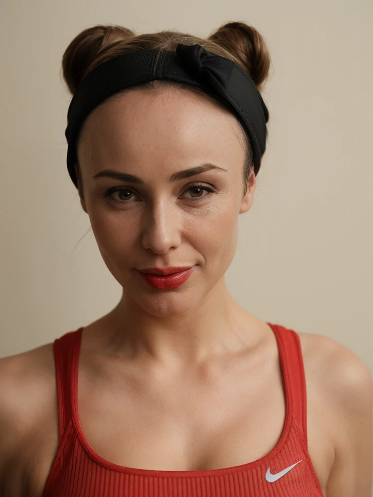 1 girl, (((Gretchen Barretto))), photorealistic photo of Gretchen Barretto, photo of a Swedish woman, (((full lips and wide forehead))), middle age, (((Blonde long messy bun))), (((50-year-old woman))), body of 45-year-old woman, (((wrinkles on her face and body))), (((full body shot))), (((In the serene atmosphere of a yoga center, she stands poised and seductive, before far from her is a yoga ball))), (((dynamic pose))), (((outfit: color red Nike stylish ribbed gym romper, color black Nike head band))), she is looking at the camera smiling
