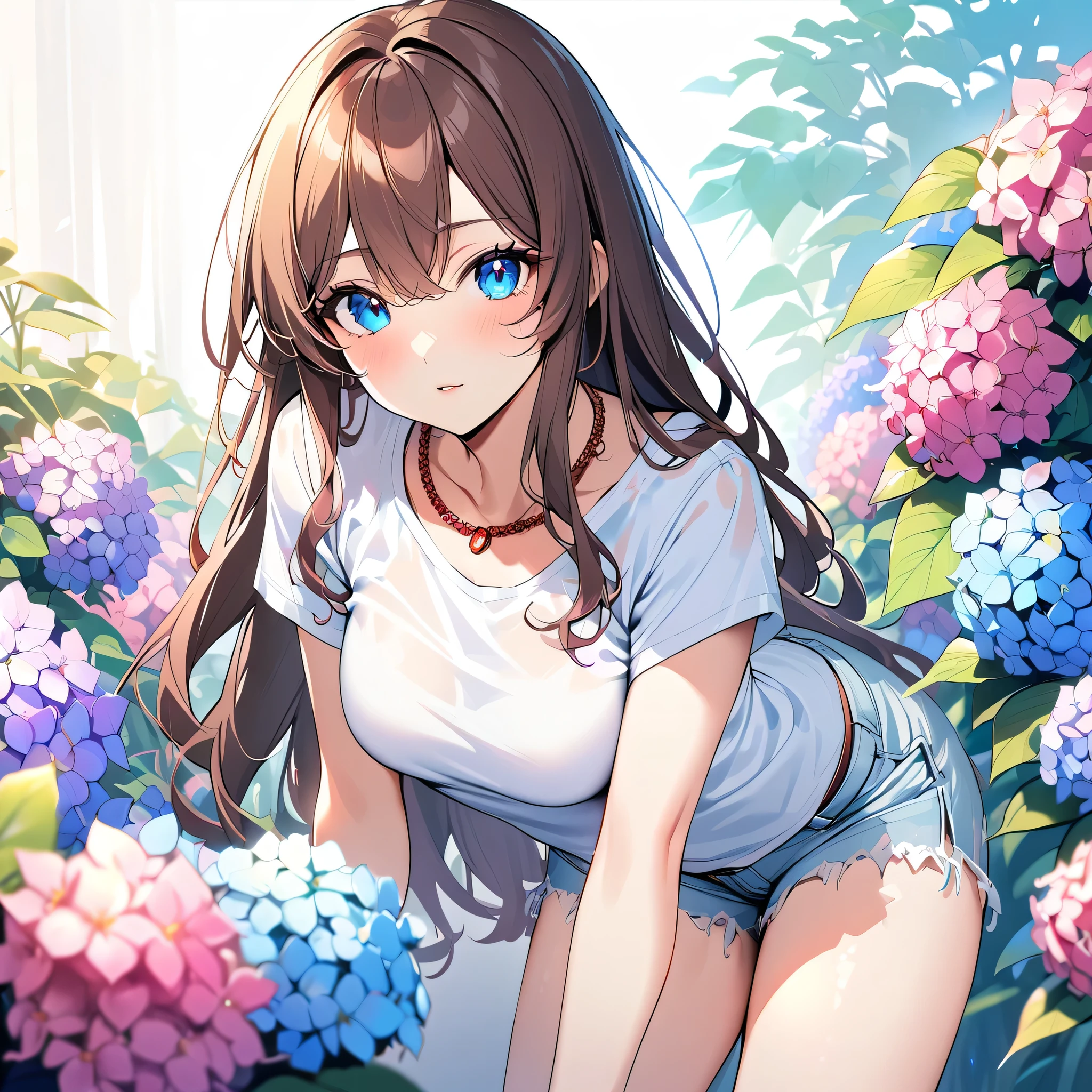 4K, June Scenario, Beautiful latina woman, long hair, chestnut hair, medium breasts, blue colored eyes, white  shirt, hot pants, red necklace, gazing at viewer, natta, colorful hydrangea