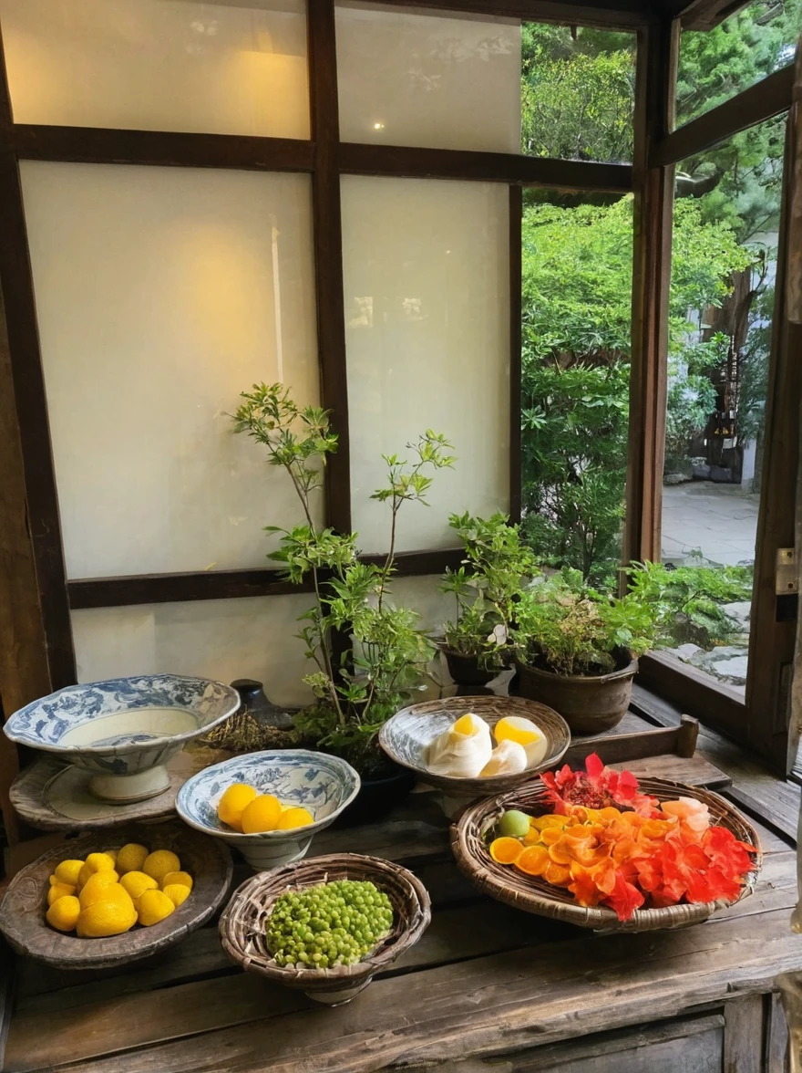 Close-up of the display window from outside, 现代而优雅的Wabi-sabi格. Very bright, peaceful, Don't have too much detail or color, a personalized presentation of modern Japanese Zen style. View of the dilapidated window from the outside. White textured paper lantern. Zen-like dead branches in the corner. There are dead branches on the long wooden bench.Tea Set.Make tea.Japanese elegant and simple small white ceramic Tea Set.Zen elements.Elegant and high-end effect,Make it look textured.Simple design.Ultra HD, Extremely detailed.Japanese Zen style(Super quality,Super detailed,Super complex,Extremely complex)Soft and natural light and shadow.Burning Incense.no-humans.Ultra wide angle, (Detailed texture),Background covered with film grain, Natural soft lighting,(Night view.Cold Light)Wabi-sabi.Small plant design