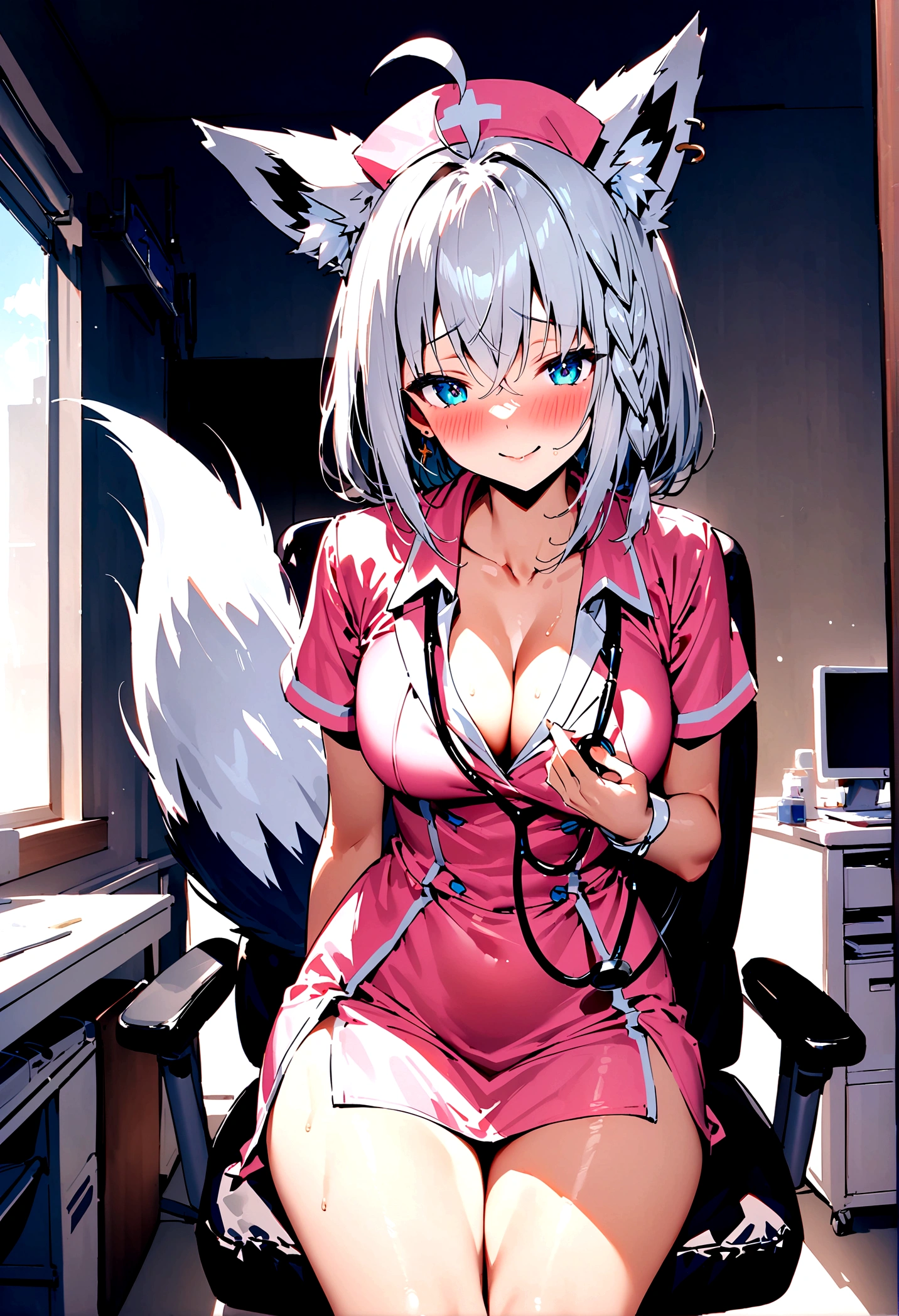 NSFW,masterpiece,Highest quality,High resolution,Super detailed,Shirakami Fubuki\(Hololive\),Gray Hair、One-sided braid、Ahoge、Earrings,Fox ears,Fox tail,nurse,Pink Nurse Uniform,Nurse cap,Stethoscope,Embarrassed,blush,Expecting face,Bewitching Smile,Sexy look,hospital,Examination room,desk,pc,Chair,(Seduce),Cleavage,examine,Chairに座っている