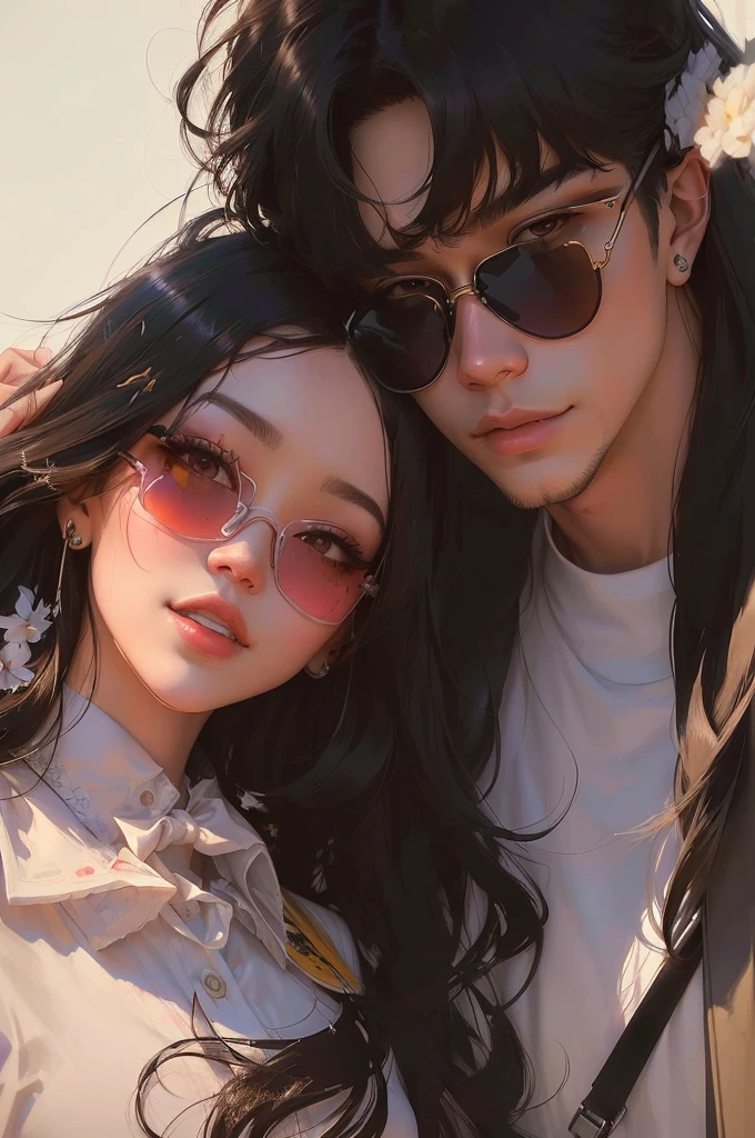 Animated couple posing for a photo wearing sunglasses and white shirts, artwork in the style of Guweizu, inspired Cheng Yanjun, Roissy Tran and Ross Tran, Cheng Yanjun, Trends in Artstration, rostran(ross tran)and Ilya Kuvshinov(Ilya Kuvshinov), High quality fan art, Guweizu, by Jay Yang, high quality portrait, Lopi Portrait