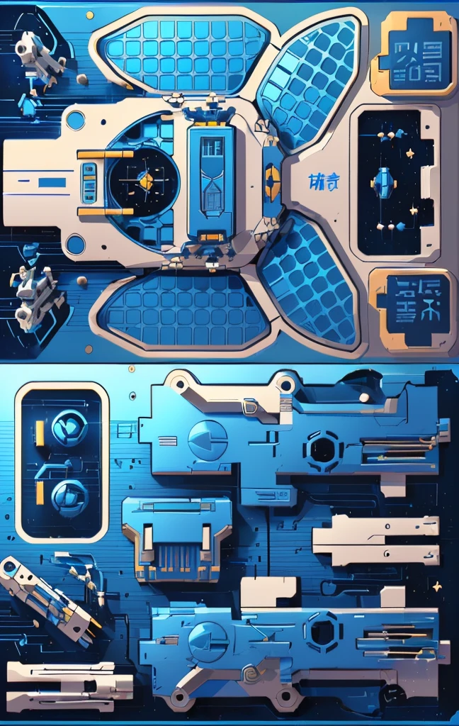 Mecha parts, highly detailed panel cuts, Spacesuit cartoon，Space car cartoon,  融合Mecha parts, highly detailed panel cuts,Plan of a small space station with computers, parts and components, 融合Mecha parts, simple Bionic explosion diagram, Very detailed schematic, Highly detailed toys, cyborg parts and components, Mecha details, Clean lines and flat colors, Mecha parts, Mechanical body, Bionic explosion diagram, Realistic shadow parts, Mechanical parts details