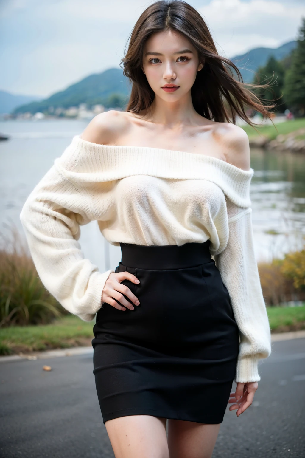 ((best quality)), ((masterpiece)), (detailed), (NMI)18.5-23.91,60-80,85-105,Height 168 cm,Weight 50-62 kg,Waist 65,Hips 90,girl, Off-shoulder sweater skirt, landscape