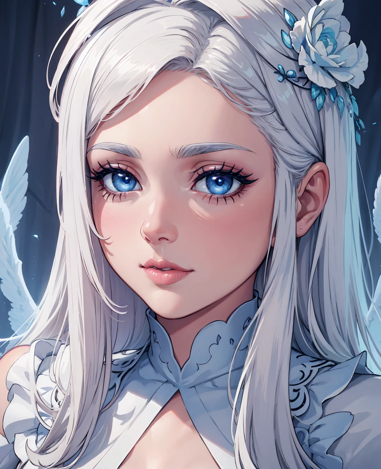 1 boy, beautiful detailed eyes, beautiful detailed lips, extremely detailed eyes and face, long eyelashes, white hair, blue eyes, king of the hearts, ddler, portrait, detailed facial features, delicate skin, angelic, ethereal, soft lighting, pastel colors, dreamy, whimsical, magical, fantasy, highres, best quality, 4k, 8k, ultra-detailed, realistic, photorealistic, photo-realistic