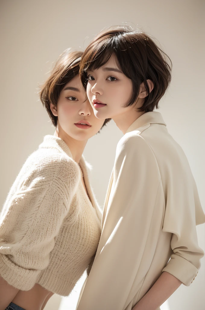 realistic light,natural light,white background,최고 quality、8 thousand、32,000、masterpiece、uhd:1.2) quality, primitive photorealism, laugh, Beautiful girl, cute, Short hair, depth of field, high resolution, ultra detail, Highly detailed eyes and face,small eyes,Short hair,short cut,short hair,Ivory Jacket