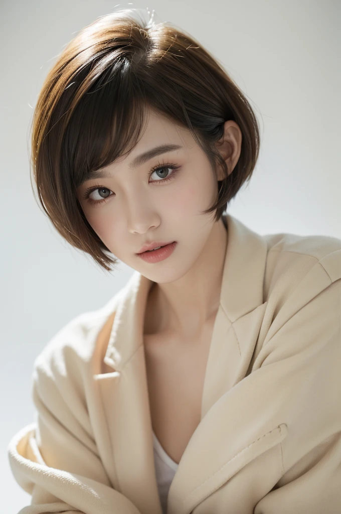 japanese beautiful woman,Ultra detailed skin,Ultra-fine,toView,Brown-eyed,drooing eyes,high detailing,(short-haired with bangs:1.2),(Photorealsitic:1.4),(Top image quality:2.0),(超A high resolution:1.0), (​masterpiece:1.5),(pureerosface:1.5),big eye,Dynamic lighting,Bright pink and sparkling lipstick,Beautiful skin that shines white,Business suits,White slack pants,open-shirt,20yr old,cleavage of the breast,sexypose,(open one's legs:1.2),