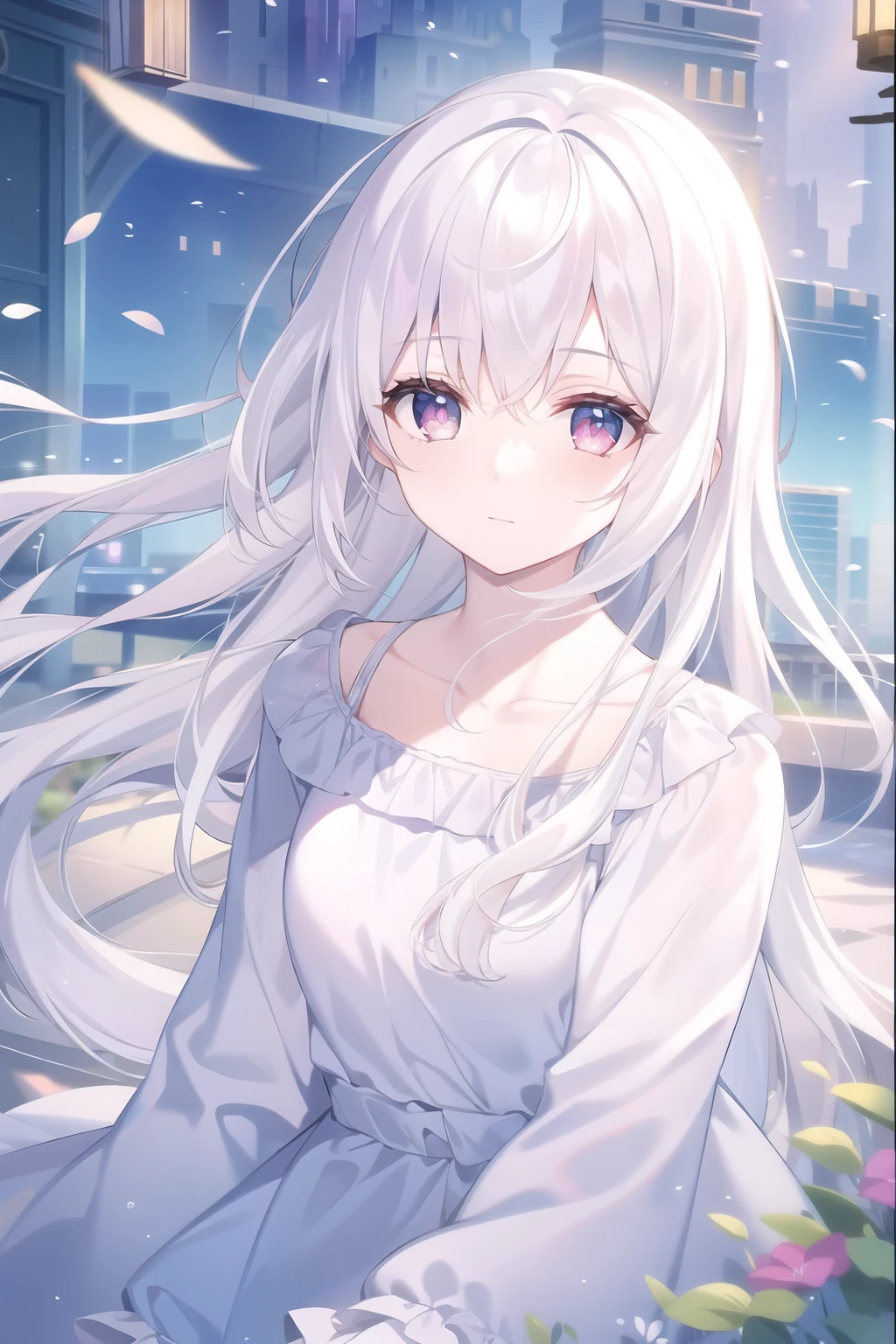 ((masterpiece, best quality))++, Detailed lighting+, Detailed hair+, Detail hand+ ,1 girl, Miss, Long hair, Crimson eyes, beautiful eyes, young white hair,,(Beautiful white hair:1.5),(Beautiful and delicate eyes), high resolution+,glass tint, Reflective eyes, {{angle}} , Very detailed wallpaper, The original, ,Sea of Flowers,Air bangs,city road,Extremely beautiful CG,
