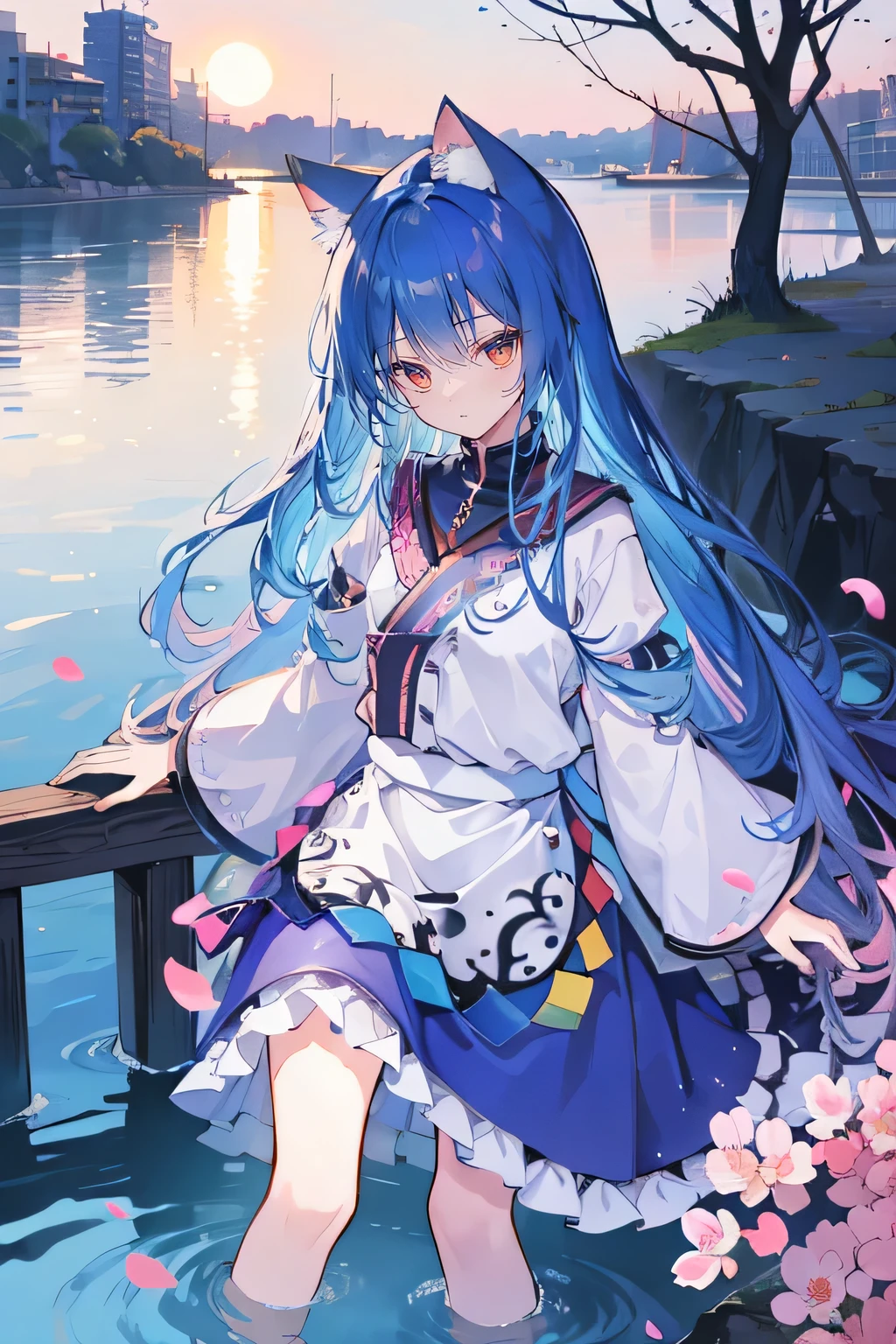 (masterpiece:1.2),Super detailed,lifelike,Expressive eyes,fair skin,perfect face shape,1 girl,
Japanese comics,Gorgeous blue hair,flowing blue hair,flowing clothes,Cat ears,Petals fall,beautiful lola,Baby Angel,
Shaking head with one hand,Cross your legs,,The pavilion is cool and comfortable,smile,back views,sunrise,Petals fall, winter,lie on the water,tokyo back views.