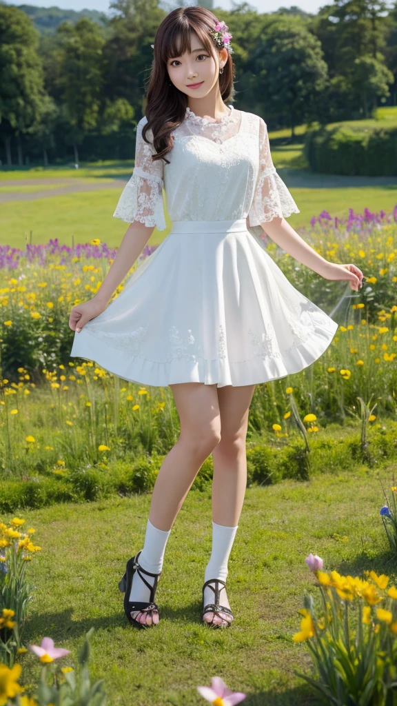 (masterpiece), (Highest quality), (Very detailed),Entertainment, skirt, ear,Are standing,  Flower Field,E Cup,sister