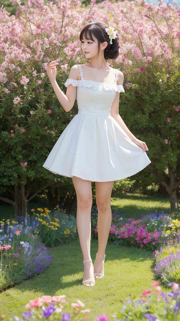 (8K、RAW Photos、Highest quality、masterpiece:1.2)、(Highest quality、Realistic)、1 Girl、((Tube top、mini skirt、Idol Costume、ribbon、Medium Hair、See-through、smile、silver、lame、Thin legs、whole body、boots、garden、View from the front、Looking into the camera、Stand with hands on hips))、cute