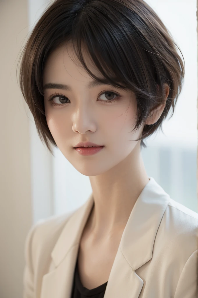 realistic light,natural light,white background,최고 quality、8 thousand、32,000、masterpiece、uhd:1.2) quality, primitive photorealism, Urban, Feminine, hair portfolio, laugh, Beautiful girl, cute, Short hair, depth of field, high resolution, ultra detail, Highly detailed eyes and face,small eyes,Short hair,short cut,short hair,Ivory Jacket, bob cut, Short hair perm, Short hair perm,, Short wave