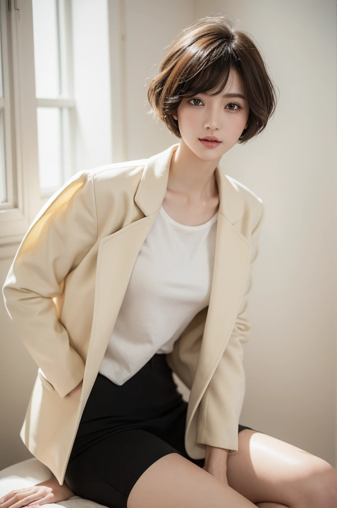 realistic light,natural light,white background,최고 quality、8 thousand、32,000、masterpiece、uhd:1.2) quality, primitive photorealism, Urban, Feminine, hair portfolio, laugh, Beautiful girl, cute, Short hair, depth of field, high resolution, ultra detail, Highly detailed eyes and face,small eyes,Short hair,short cut,short hair,Ivory Jacket, bob cut, Short hair perm, Short hair perm,, Short wave