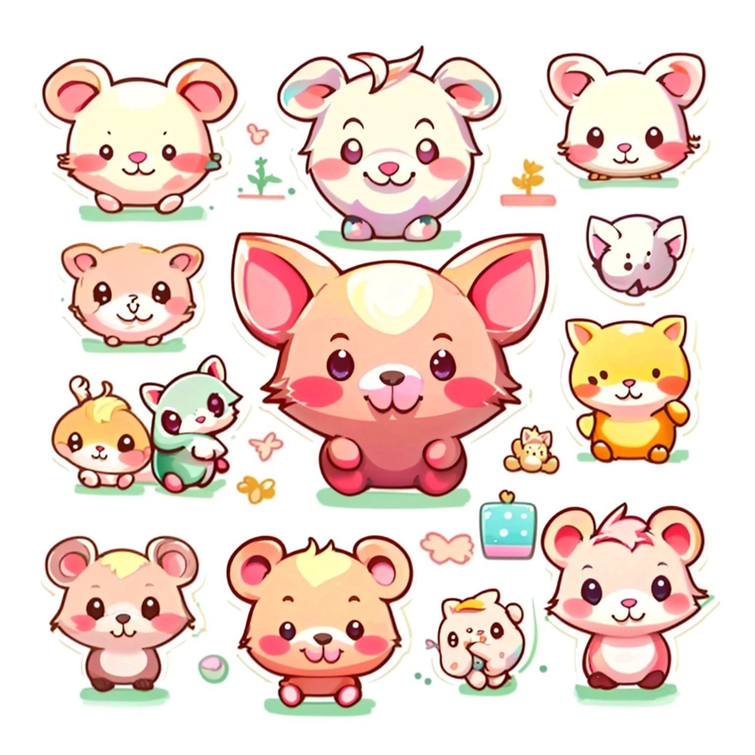 Enhance the details,Complex finishing colors,high qualiy,4K,A group of cartoon pigs with different expressions and expressions, adorable digital art, pokemon rato bonito, cute characters, cute art, cute detailed digital art, adorable creature, cute animals, cute Pokémon style, cute detailed art, cute art style, rato maplestory, author:Ryan Yee, kawaii, hamsters, cute illustration, kawaii chibi, cute cartoon character,