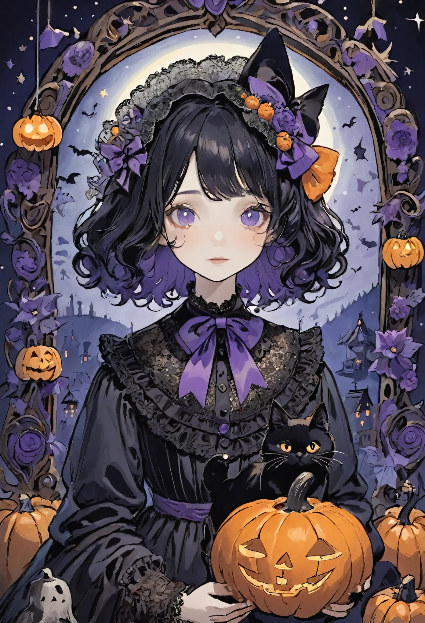 Halloween-themed illustration, young girl with curly orange, purple, and black hair, large black bow, Victorian lace collar, surrounded by Halloween decorations, intricate floral patterns, black cat, ghosts, pumpkins, candy, night sky with stars, whimsical, detailed line art, fantasy, spooky illustration