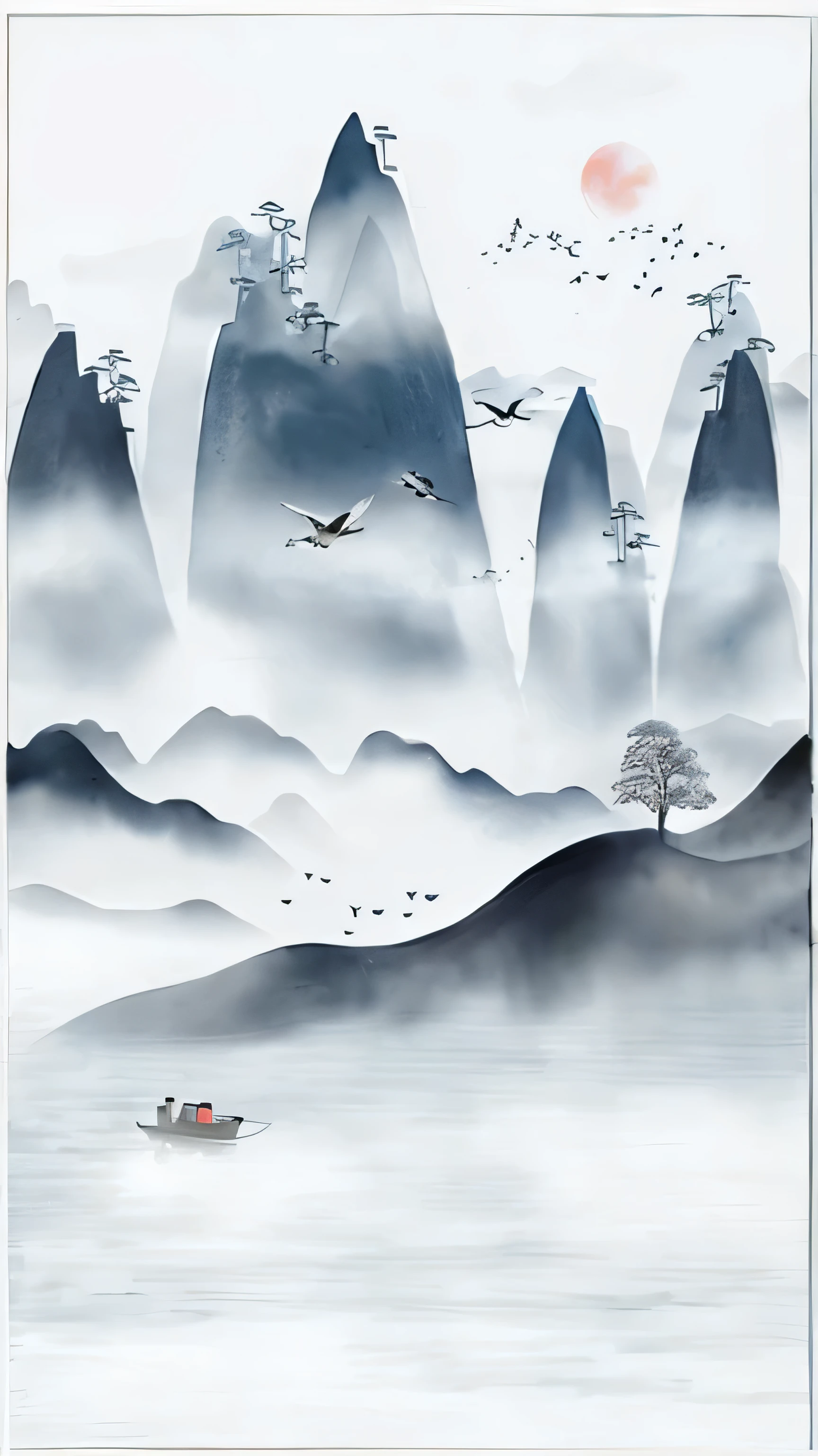 There was a boat floating in the water，Birds fly on it, in a serene landscape, Chinese landscape, Chinese style painting, serene illustration, Inspired by Ma Yuan, Chinese painting style, peaceful scenery, Chinese watercolor style,serene scene, inspired by Xie Shichen, peaceful scene, China ink painting