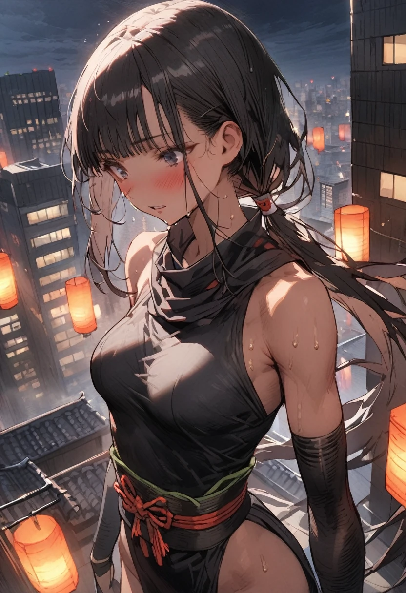 Action Scenes、(A woman fighting countless monsters),((masterpiece,Highest quality:1.3,best quality illustration)), 独奏,1woman,(Mature Japan beauties)、black hair,(low ponytail hair style),long hair,blunt bangs,black eyes,gorgeous eyes,((very small head:1.3)),blush,Triumphant,((very long body:1.2)),medium breasts,(tan skin), (gleaming skin,toned body,slender body, skinny、Sweat),(Female Ninja Costume、A simple, patternless black kimono、Black ide slits),standing,rooftop of high-rise building、Moonlit Night、Tokyo、