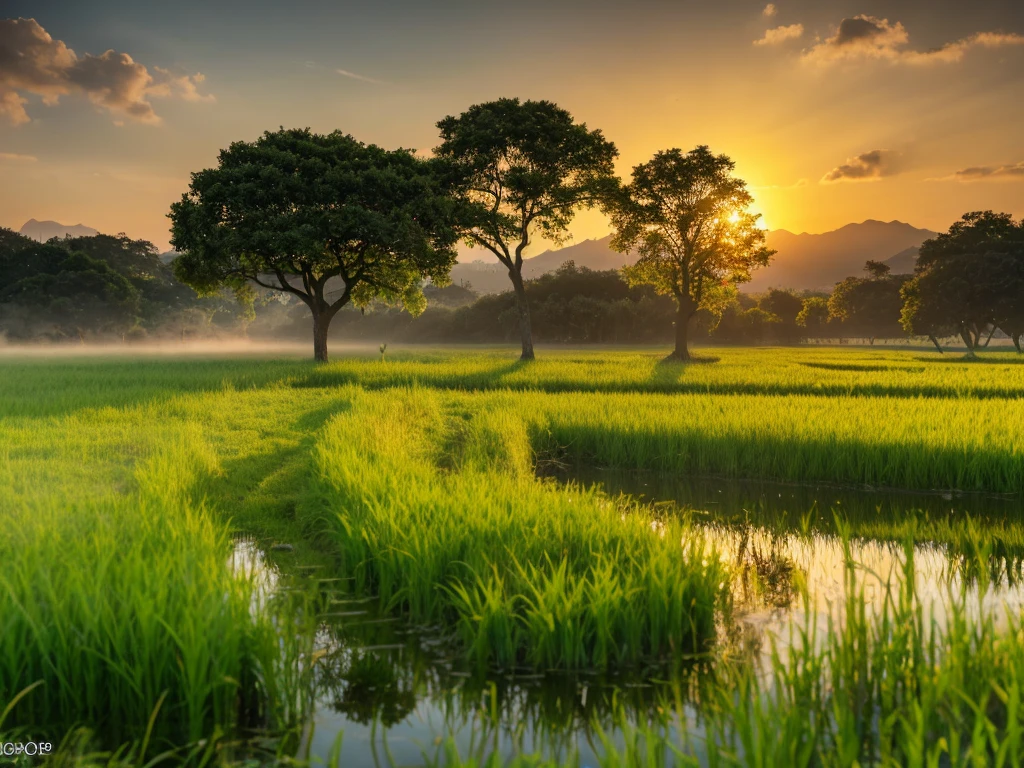 A serene rice field, lush green foliage, golden sunset sky, atmospheric lighting, picturesque landscape, idyllic rural scenery, tranquil pond reflection, silhouetted trees, vibrant colors, stunning natural beauty, (best quality,4k,8k,highres,masterpiece:1.2),ultra-detailed,(realistic,photorealistic,photo-realistic:1.37),landscape,dramatic lighting,warm color palette,ambient occlusion,depth of field,volumetric fog