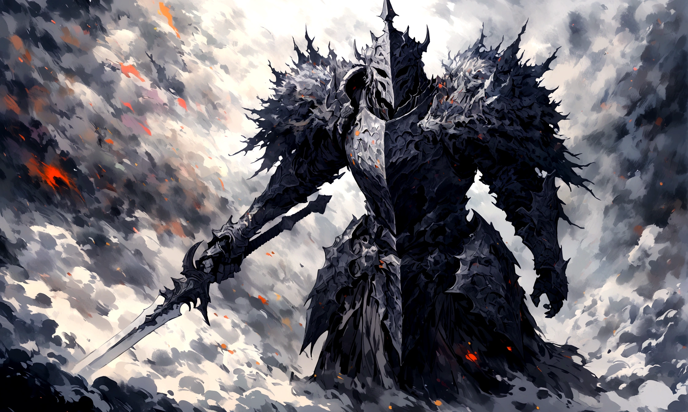 Create an impressionist painting of a spooky warrior knight, snow, Space Ash, Artistic, complicated,fog
