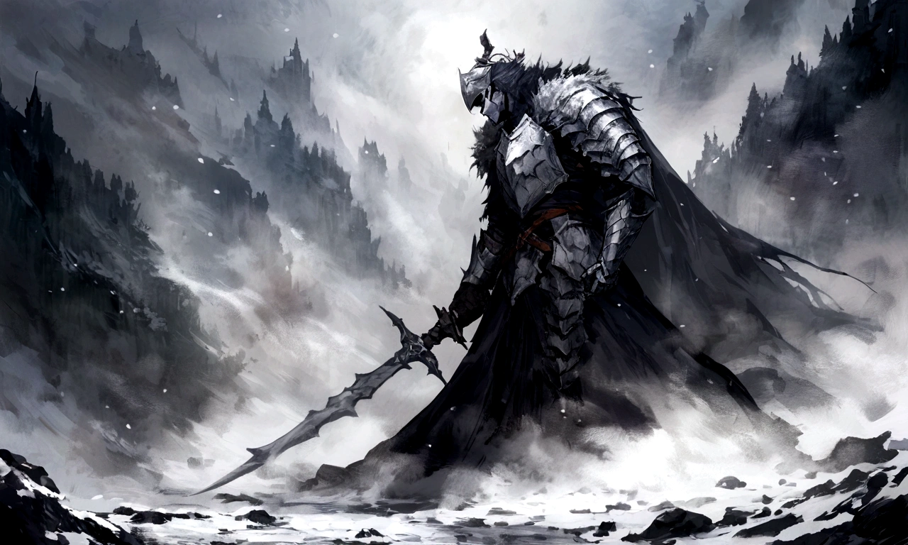 Create an impressionist painting of a spooky warrior knight, snow, Space Ash, Artistic, complicated,fog