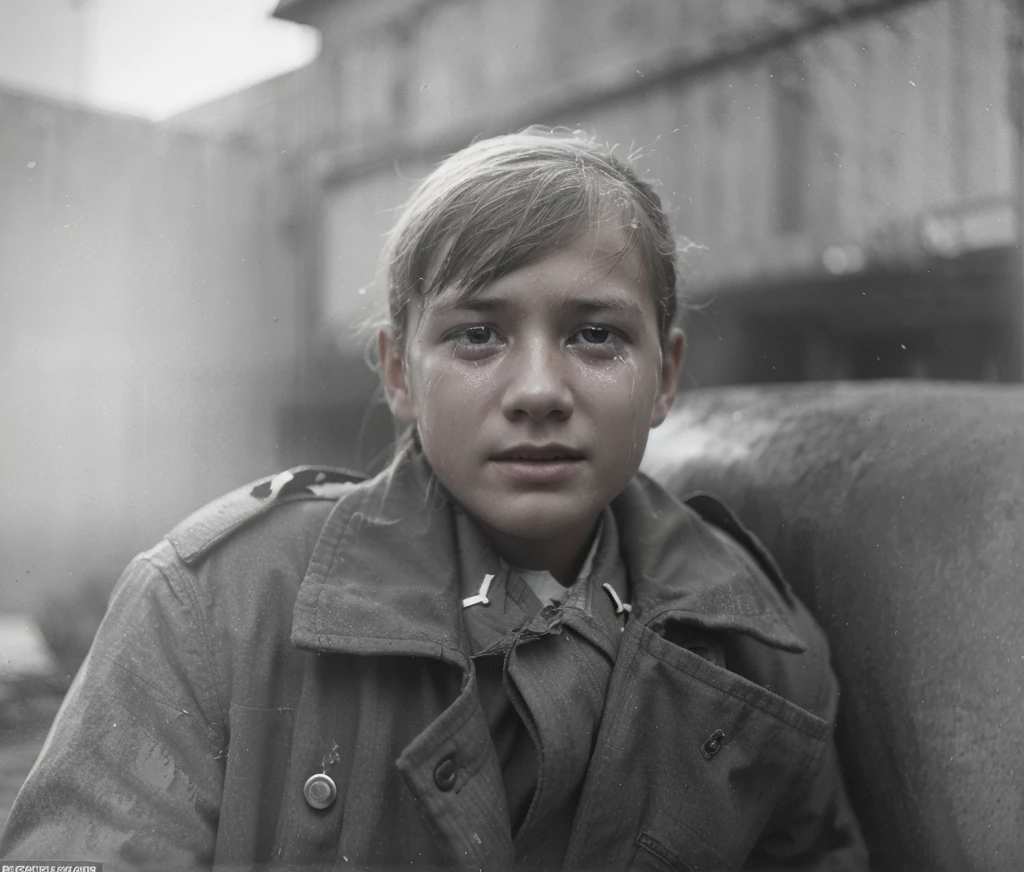 Create a high-resolution image of a very young crying soldier wearing a very worn-out uniform. Half-body shot with a neutral blurred background.