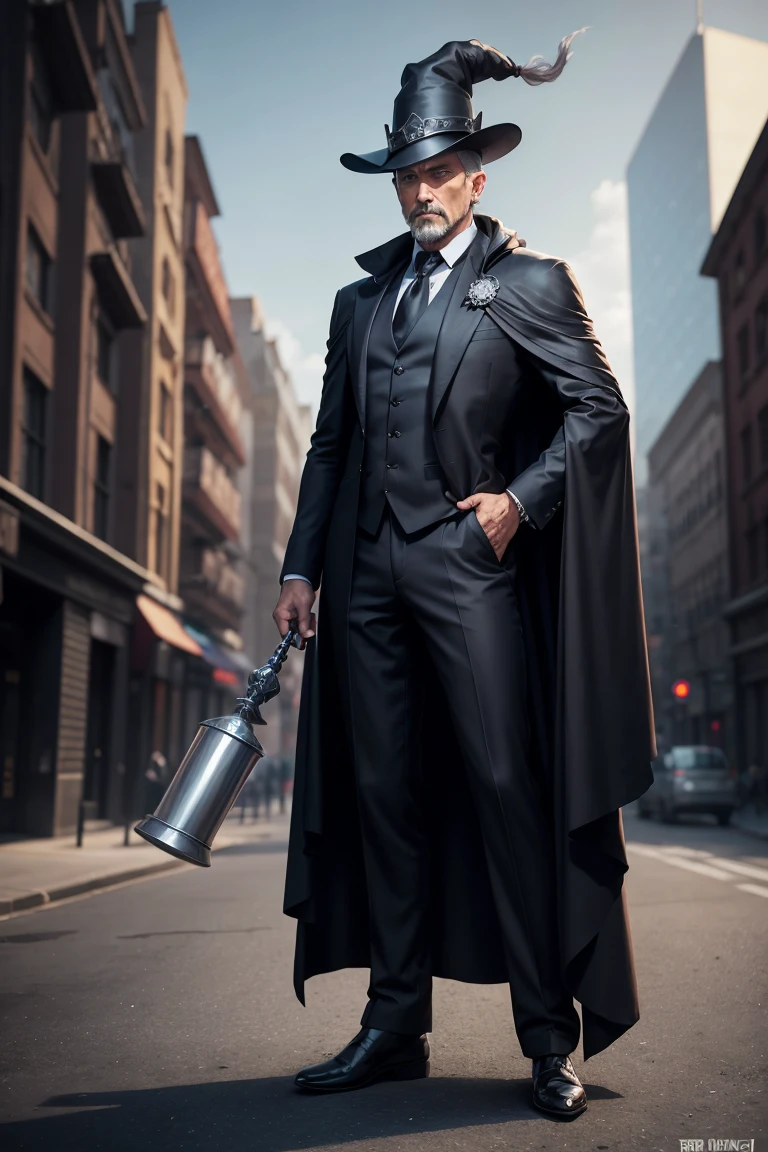 full body shot of dark mage, 45 year old man, business suit, dark cloak, old tome, silver hair, cylinder hat, (epick pose), modern city, daylight