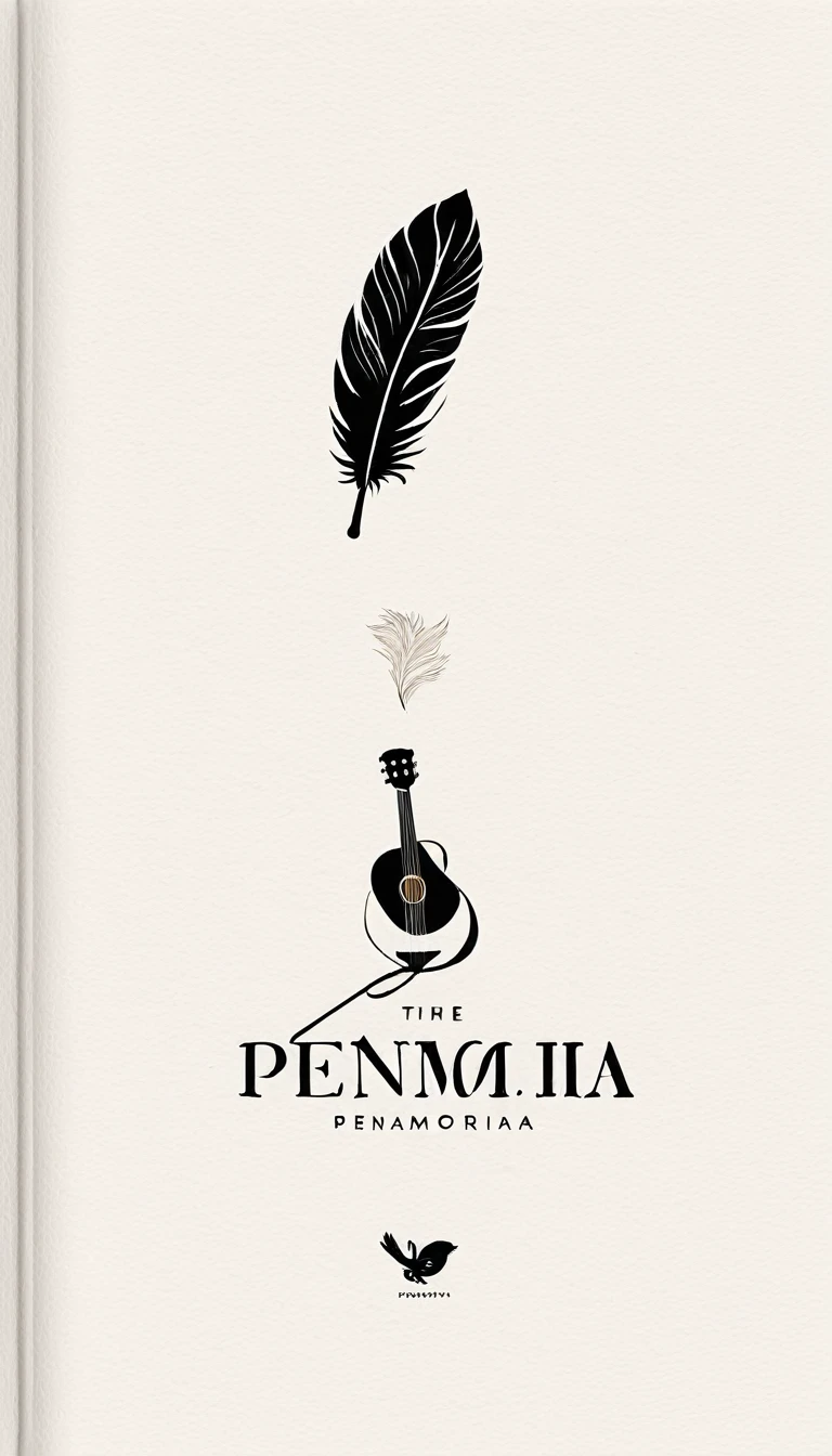A minimal, modern, simple, cinematic logotype for the brand “Penamemoria". The logotype must be a simple, magical feather and a boy playing acoustic guitar. The logo must convey a sense of music, stories and dreams. Logo design impressed on a book cover. Minimalistic logo
