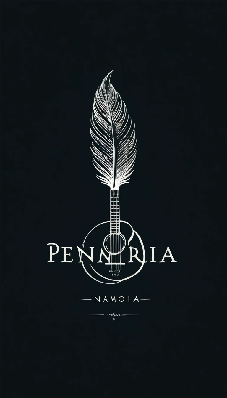 A minimal, modern, simple, cinematic logotype for the brand “Penamemoria". The logotype must be a simple, magical feather and a boy playing acoustic guitar. The logo must convey a sense of music, stories and dreams. Logo design impressed on a book cover. Minimalistic logo
