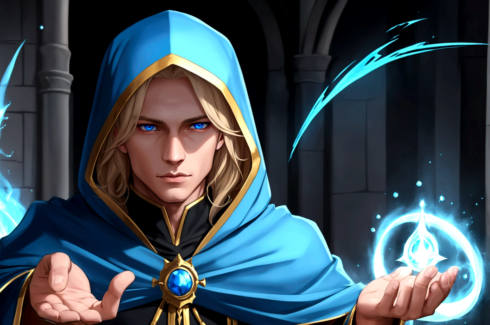 Sorcerer Divine Soul man, he has a light hair and blue eyes, he wear a hood.
