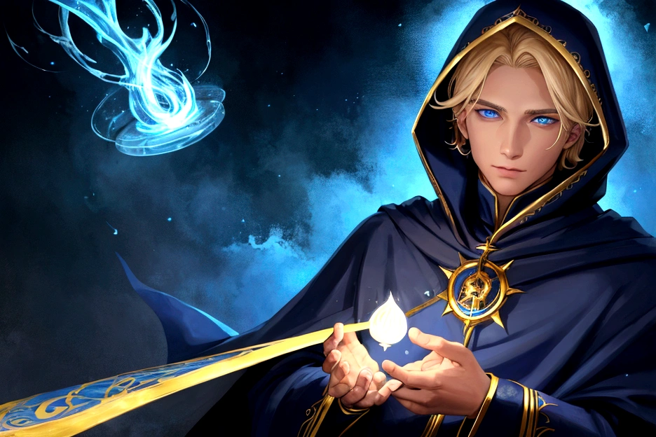 Sorcerer Divine Soul man, he has a light hair and blue eyes, he wear a hood.