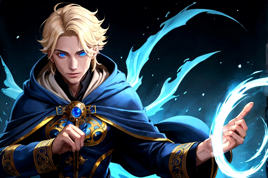 Sorcerer Divine Soul man, he has a light hair and blue eyes, he wear a hood.