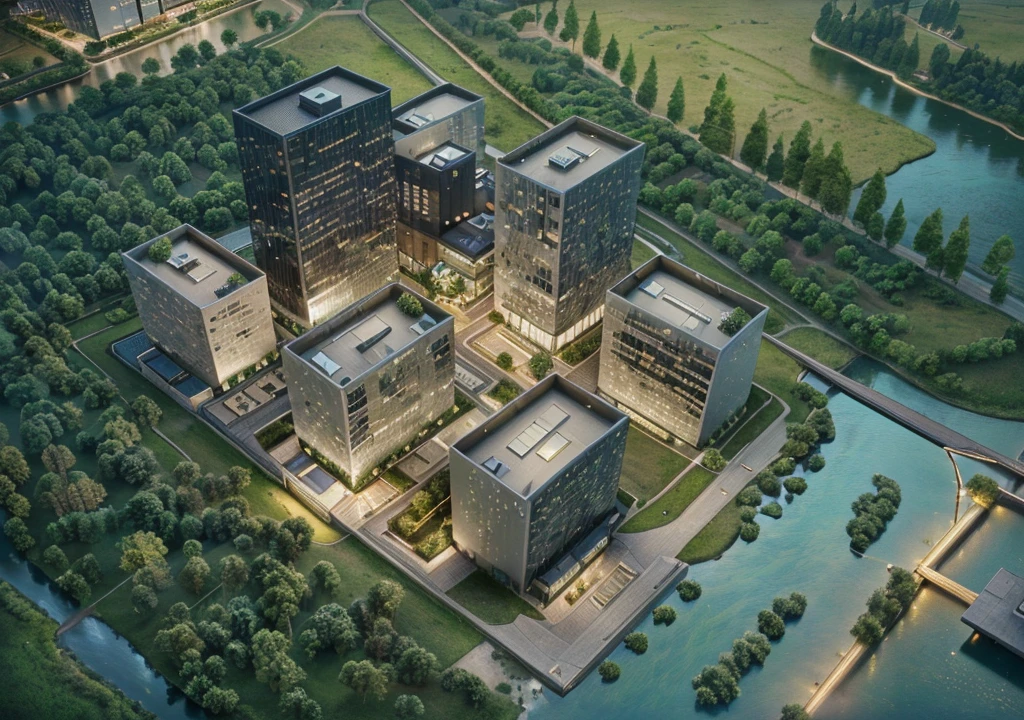 Skyscraper office building with green trees at night, High-tech environment, clear focus illustration hq, Highly detailed building exterior glass structure, The above points, skyscraper forest community, City, There is a river in the distance, City建筑亮化, High field of view, High-rise buildings,masterpiece,High Detail,HD resolution,8K,