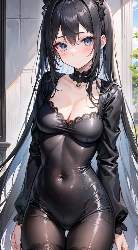 Cute girl with long dark grey hair,(Black lace jumpsuit:1.2),blush,Shiny skin,Large breasts,Black tights,Dark blue eyes