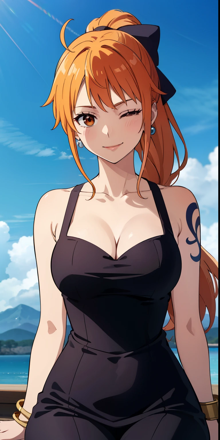 (masterpiece, best quality), 1 mature female, ((completely nude)), cleavage, (light orange hair, ponytail), sharp light blue eyes, detailed face, close mouth, smile, standing, (large breast), seductive smile, arms down, charming face, (40 year old face), (white background)